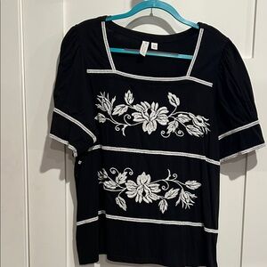 Cato Black Top with White Floral Design